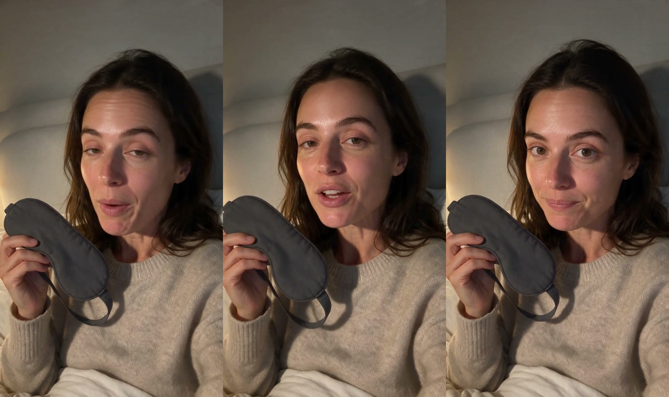 The same moment from all three cuts, side by side: the same presenter, sweater, mask, headboard and lamp in each, with only her expression differing.