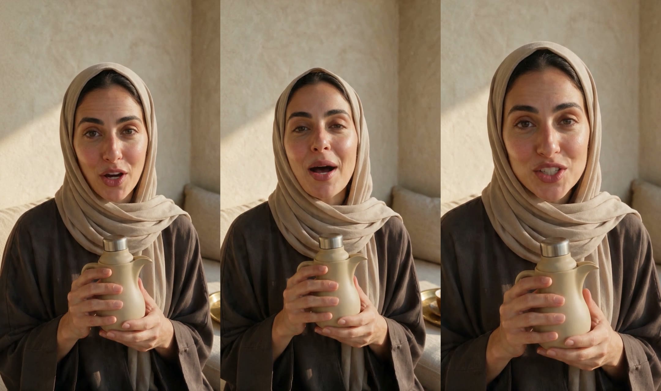 اللحظة نفسها من كل نسخة، جنبًا إلى جنب: المتحدثة نفسها، والحجاب نفسه، والعباءة نفسها، والترمس نفسه، والجدار نفسه — ولا يختلف سوى ما تنطقه.